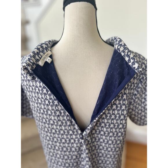 Tyler Boe Kristen Blue & White Chain Link 60s Inspired Roll Neck Shift Dress - Picture 7 of 8